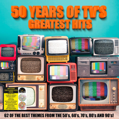 Collage of vintage TVs with text '50 Years of TV's Greatest Hits' on a blue background.