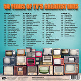 Back cover of a vinyl record with vintage TVs and a list of TV shows (Track Listing) on a blue background