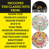 Promotional graphic for Record Store Day with tie-dye vinyl records and a list of classic TV show themes.