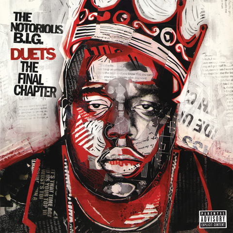 The Notorious B.I.G. illustrated in red and black Graffiti Art with album title written in stencil font 