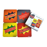 A set of square comic-style coasters with bold 'BAZINGA!' text and starburst graphics in orange, gray, yellow, and red, shown with a printed packaging/card insert on a white background.