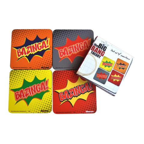 A set of square comic-style coasters with bold 'BAZINGA!' text and starburst graphics in orange, gray, yellow, and red, shown with a printed packaging/card insert on a white background.