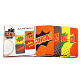 The Big Bang Theory set of 4 comic-style coasters shown with their retail box on a plain white background. The coasters feature pop-art comic burst designs in orange, brown, yellow, and red with bold text including 'BANG!', 'A!', and 'A!'.