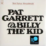 Bob Dylan Pat Garrett and Billy The Kid vinyl LP album cover featuring minimalist black text on white background