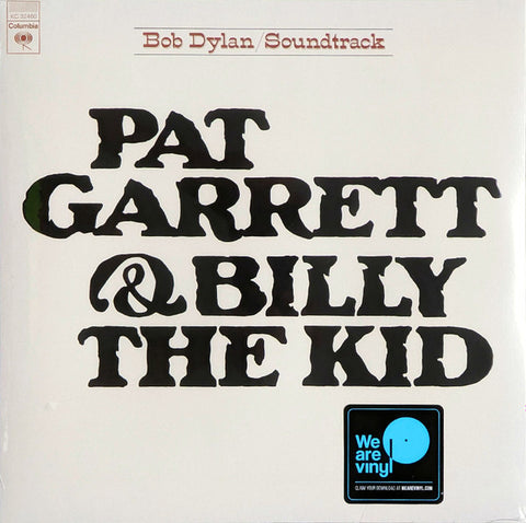 Bob Dylan Pat Garrett and Billy The Kid vinyl LP album cover featuring minimalist black text on white background
