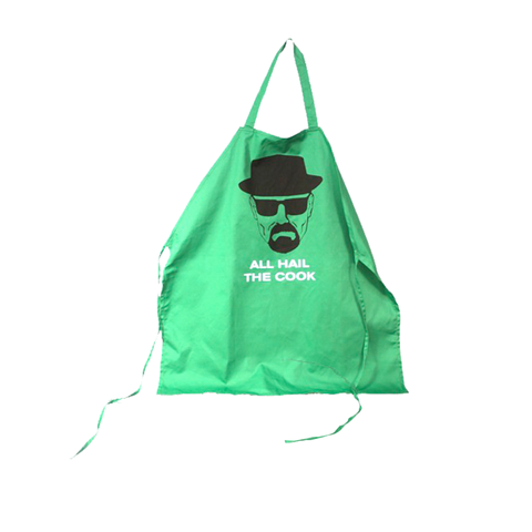 A bright green apron featuring a black graphic of the character Walter White from Breaking Bad wearing a hat and sunglasses.