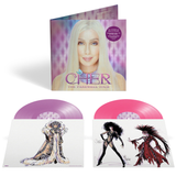 Cher The Farewell Tour 2LP Cover featuring Cher in front of a Hot Pink Backdrop and Pink and Purple Vinyl with Cher Illustrations