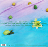 Back of Album with track listing on a blue and pink backdrop