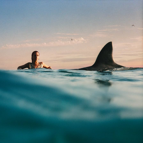 Dua Lipa in the water with a shark fin in the water at sunset