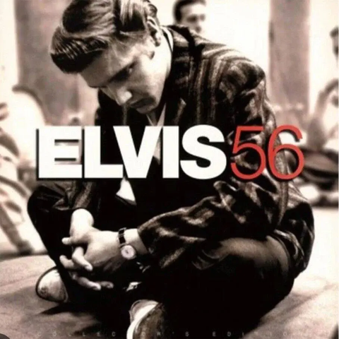 Cover of the album 'ELVIS 56' featuring a young Elvis Presley sitting, with the title prominently displayed in large white and red text.