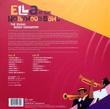 Back cover of a vinyl album featuring jazz musicians and text about Ella Fitzgerald's performance at the Hollywood Bowl.