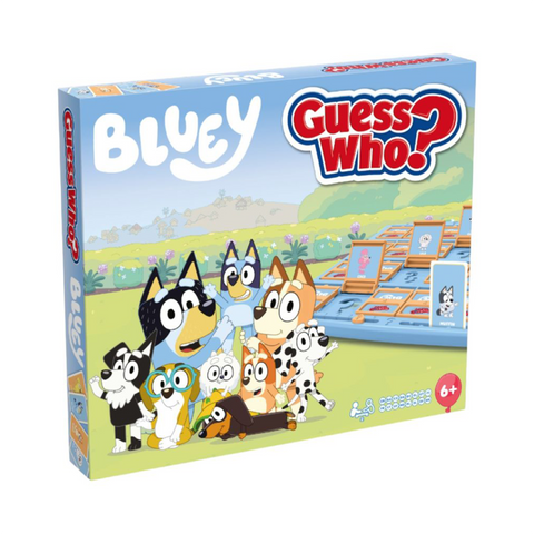 Guess Who? board game box featuring Bluey characters on a blue background