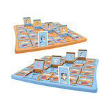 Board game with card holders and cartoon character cards on a white background
