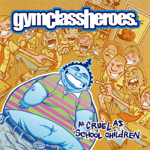 Album cover for 'gymclassheroes' with cartoon characters and text on a yellow background