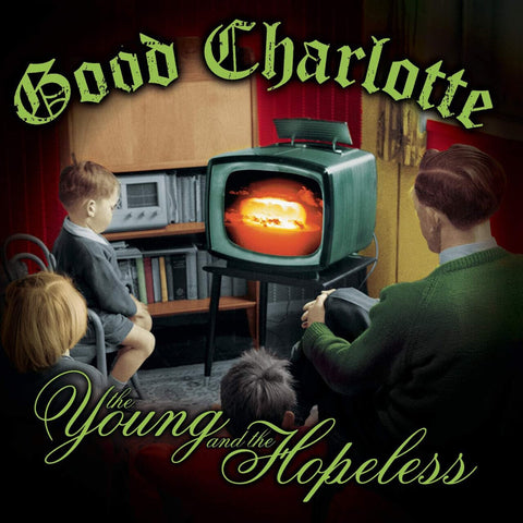 Album cover for 'The Young and the Hopeless' by Good Charlotte featuring a vintage scene with children and a television.