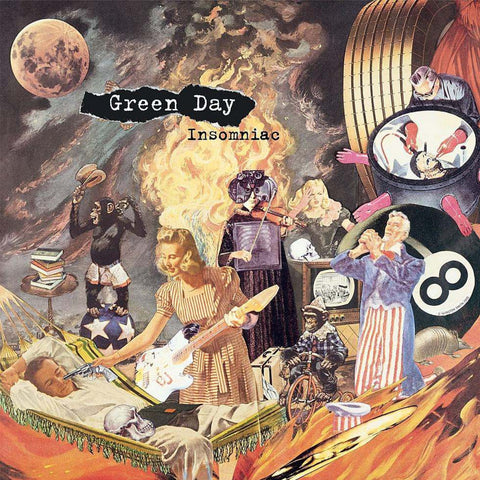Album cover for 'Insomniac' by Green Day with various characters and objects.