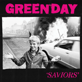 Album cover for Green Day's 'Saviors' featuring a black and white photo of a boy and a burning car.