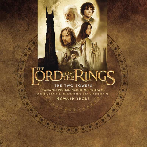 Album cover for 'The Lord of the Rings: The Two Towers' soundtrack with character images and title text.