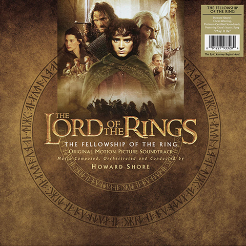 Vinyl album cover for 'The Lord of the Rings: The Fellowship of the Ring' soundtrack with character images and text.