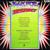 Iggy Pop 'Instinct’ album cover artwork featuring a the track listing on a neon green background centered within a colourful starburst frame on a black background.