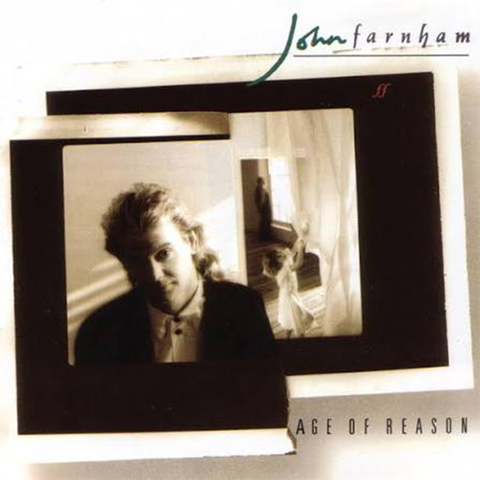 Album cover for 'Age of Reason' by John Farnham featuring a black and white photo of a person.