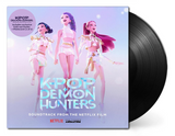 Vinyl record with 'K-Pop Demon Hunters' soundtrack cover featuring animated characters.