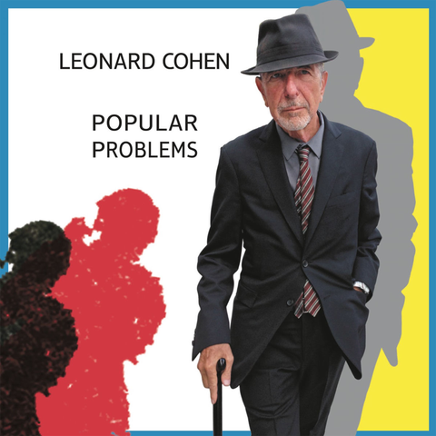 Album cover with Leonard Cohen in a suit and hat, with abstract shapes and text.