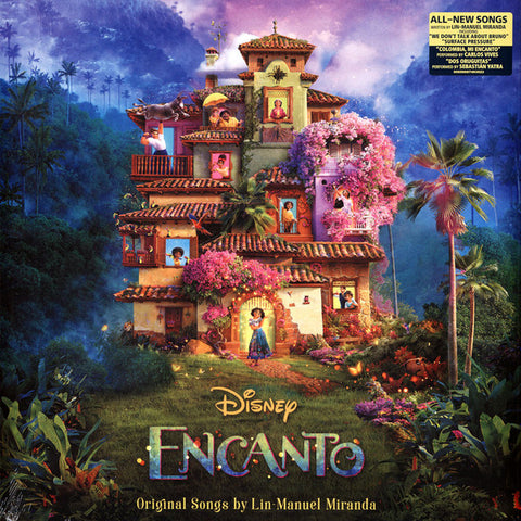 Album cover for 'Encanto' with a colorful house and garden scene.