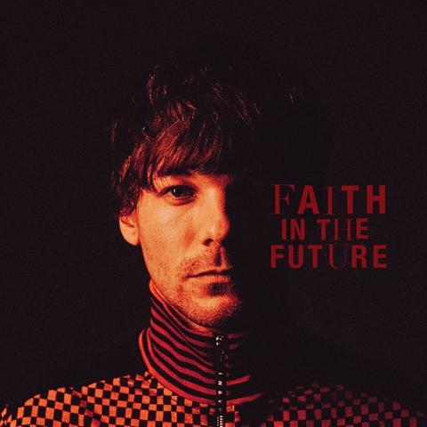 Tomlinson wearing a checkered outfit with 'Faith in the Future' text in red on a dark background