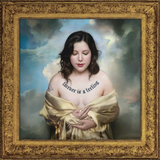 Dacus wrapped in a shawl with 'forever is a feeling' text, framed by ornate gold border