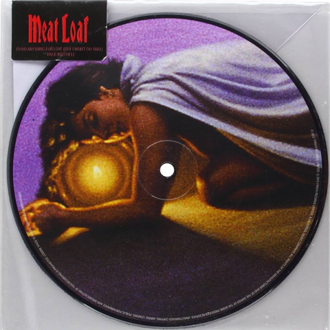 A 7-inch picture disc of Meat Loaf's album 'I'd Do Anything for Love'. The cover features an image of of a woman lying down with a blanket over her head, looking up at a light, possibly symbolizing the theme of the song.