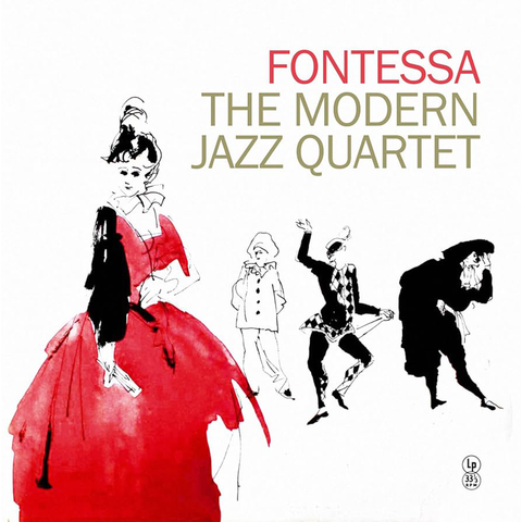 Album cover for Fontessa by the Modern Jazz Quartet featuring illustrations of the band members in a theatrical setting with the band name and album title text.
