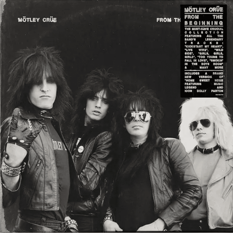 Black and white album cover of Mötley Crüe with band members and text.