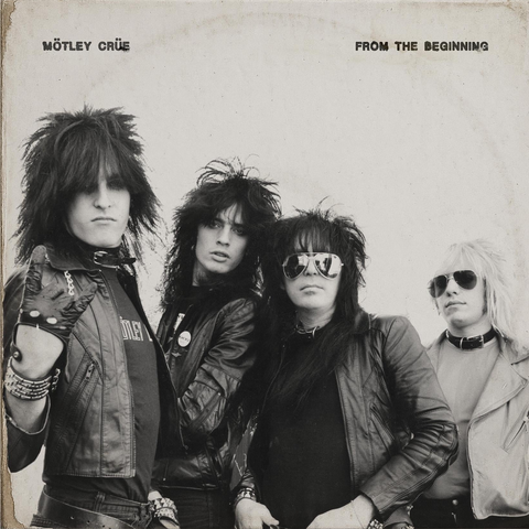 Album cover of Mötley Crüe's 'From the Beginning' with band members in leather jackets.