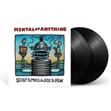 Vinyl record with cover featuring cartoon robots and text 'Mental As Anything Surf & Mull & Sex & Fun'.