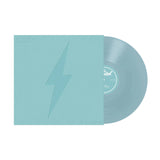 Clear vinyl record with a blue lightning bolt design on the cover against a white background