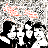 Album cover for Paramore's 'RIOT' featuring text-based artwork with the album title prominently displayed with band image and track listing in Orange text