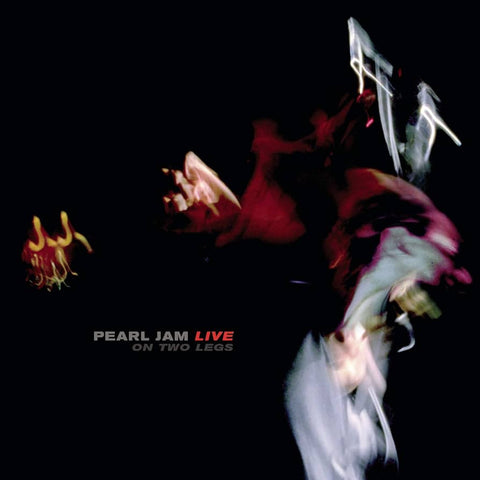 Album cover for Pearl Jam Live on Two Legs with a person in a red jacket and white pants performing.