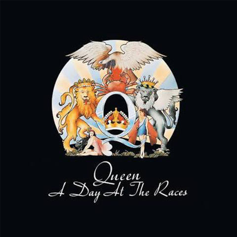 Album cover art for Queen's 'A Day At The Races' featuring a fantasy illustration with multiple figures with 2 lions