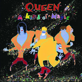 Album cover art for Queen's 'A Kind of Magic' featuring illustrated versions of the band members in colorful attire against a black background with confetti.