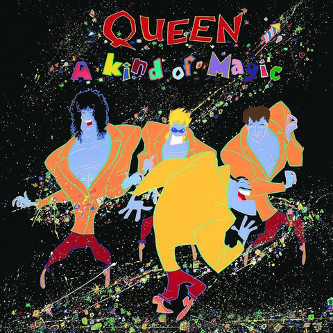 Album cover art for Queen's 'A Kind of Magic' featuring illustrated versions of the band members in colorful attire against a black background with confetti.