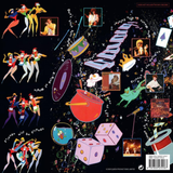 Many colourful illustrations and the track listing spread over the background 