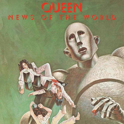 Album cover art for Queen's 'News of the World' featuring a illustration with a large metallic figure and two smaller figures in a dramatic pose.