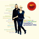 Album cover for Roxette's greatest hits with Marie Fredriksson and Per Gessleand standing amongst the titles on the record