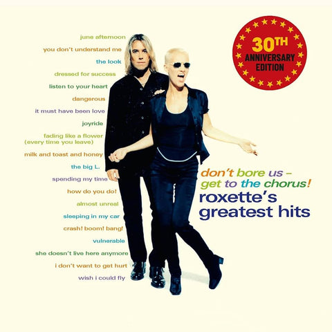 Album cover for Roxette's greatest hits with Marie Fredriksson and Per Gessleand standing amongst the titles on the record