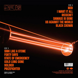 Laser Ricochet Graphic with track listing in a bold Orange text against a black backdrop