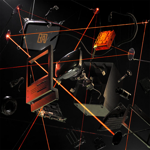 Technical diagram with electronic components and red lines on a black background