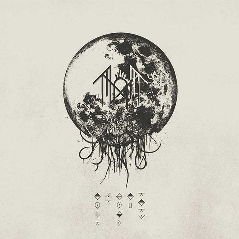 Black and white illustration of a moon with tree-like branches on a beige background