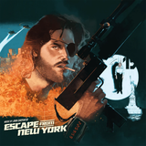 Album cover art for 'Escape from New York' featuring a stylized portrait of a man with an eyepatch holding a rifle, with flames, helicopters, and a hanging figure in the background.