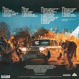 The back cover of the vinyl record 'Escape From New York' by John Carpenter, featuring a fiery, zombie-infected city scene with a car and a list of 34 song titles.